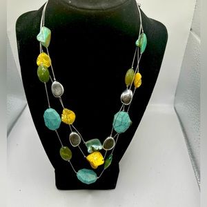 Beautiful Multi Layer Stone Necklace in Aqua, Silver, yellow and green.